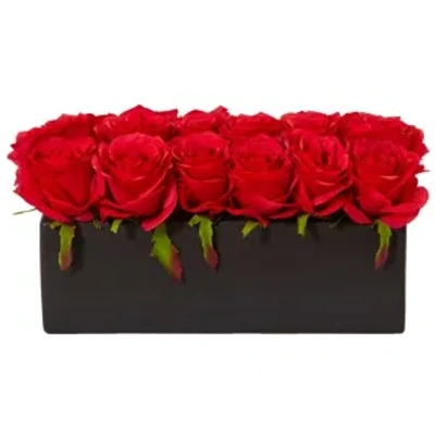 Nearly Natural Dozen Silk Roses In Ceramic Rectangular Planter In Red