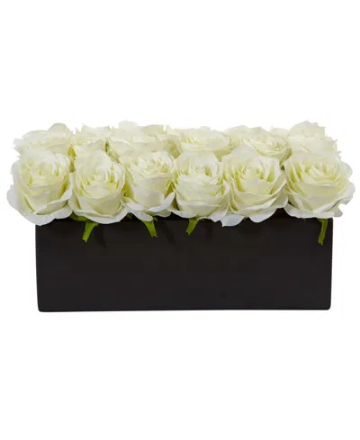 Nearly Natural Dozen Silk Roses In Ceramic Rectangular Planter In White