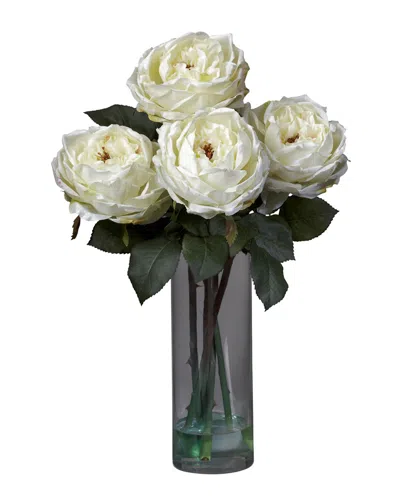 Nearly Natural Fancy Rose W/cylinder Vase Silk Flower Arrangement In White