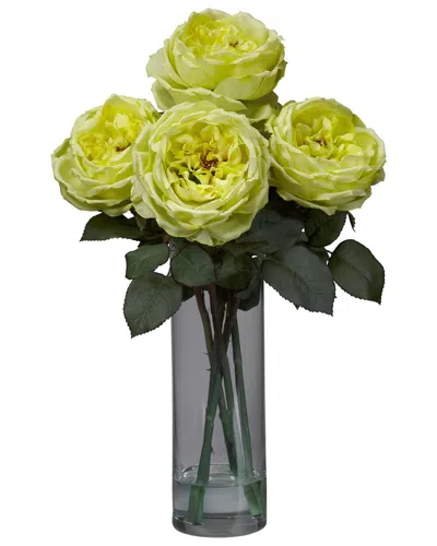 Nearly Natural Fancy Rose With Cylinder Vase Silk Flower Arrangement In Yellow