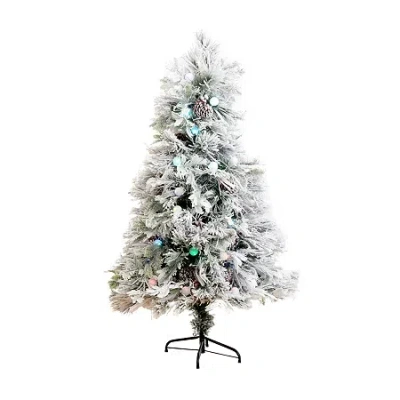 Nearly Natural Fiber Optic Faux 5 Foot Pre-lit Flocked Pine Christmas Tree In Multi
