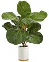 Nearly Natural Fiddle Leaf Artificial Tree In White Ceramic Planter In Green