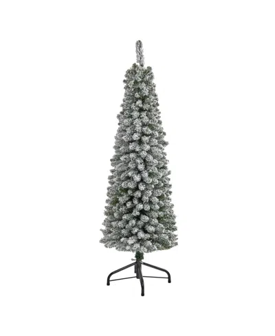 Nearly Natural Flocked Pencil Artificial Christmas Tree With Bendable Branches, 60" In White,green