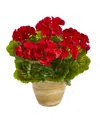 Nearly Natural Geranium Artificial Plant In Ceramic Planter, Indoor And Outdoor In Red