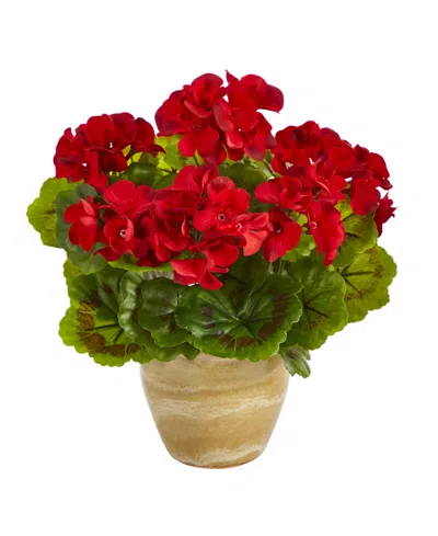 Nearly Natural Geranium Artificial Plant In Ceramic Planter, Indoor And Outdoor In Red
