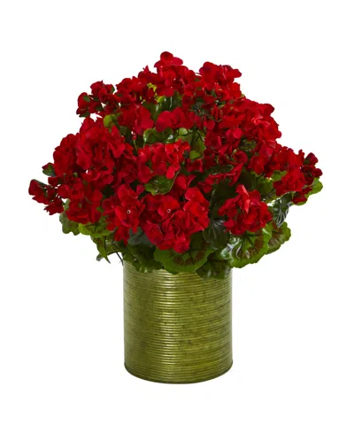 Nearly Natural Geranium Artificial Plant In Metal Planter Uv Resistant In Red