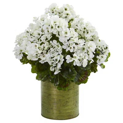 Nearly Natural Geranium Artificial Plant In Metal Planter Uv Resistant In White