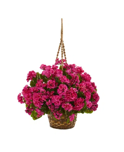 Nearly Natural Geranium Hanging Basket Artificial Plant Uv Resistant In Beauty Pink