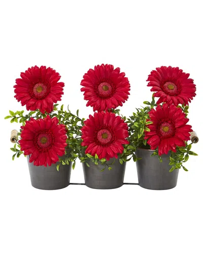 Nearly Natural Gerbera Daisy Artificial Arrangement In Trio Metal Vase In Red
