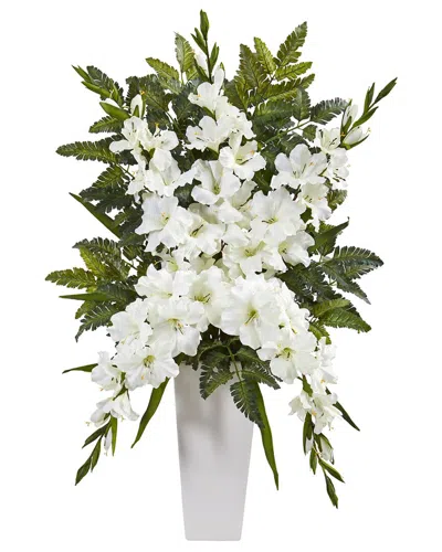 Nearly Natural Gladiolas & Fern Artificial Arrangement In White Vase