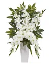 Nearly Natural Gladiolas & Fern Artificial Arrangement In White Vase In White