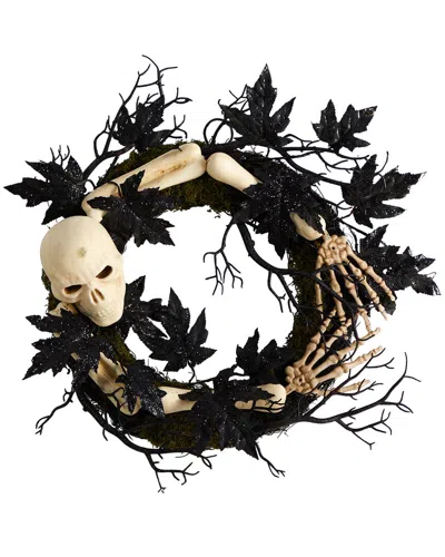 Nearly Natural Halloween Skull And Bones Wreath 24in. In Black