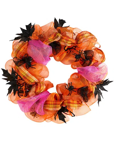 Nearly Natural Halloween Spider Mesh Wreath 26in. In Orange