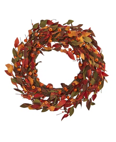 Nearly Natural Harvest Leaf And Mini Pumpkin Artificial Wreath In Orange