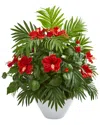 Nearly Natural Hibiscus & Areca Palm Artificial Plant In White Bowl In Red