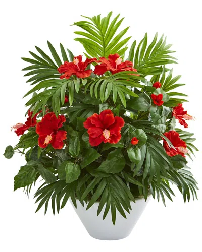 Nearly Natural Hibiscus & Areca Palm Artificial Plant In White Bowl In Red