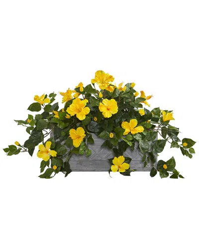 Nearly Natural Hibiscus Artificial Plant In Stone Planter In Yellow