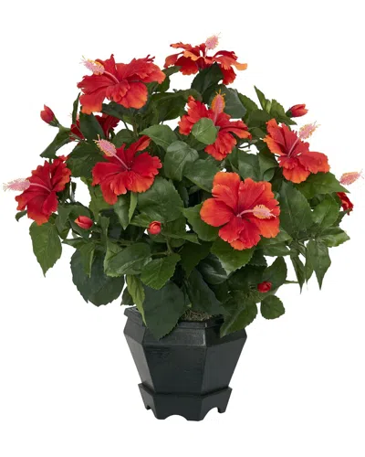 Nearly Natural Hibiscus With Black Hexagon Vase Silk Plant In Orange