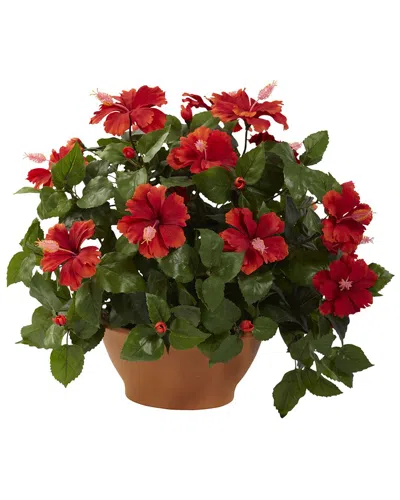 Nearly Natural Hibiscus With Clay Planter In Green