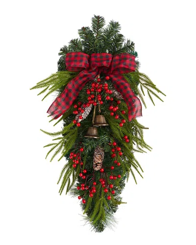 Nearly Natural Holiday Christmas Pine Cones, Berry And Bells Swag In Green