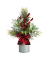 Nearly Natural Holiday Winter Greenery, Pinecone And Berries With Buffalo Plaid Bow Artificial Christmas Table Arra In Green