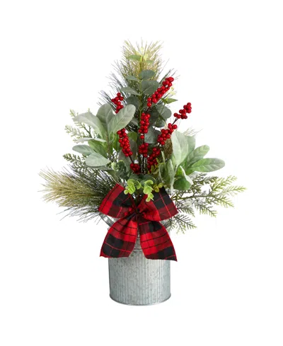 Nearly Natural Holiday Winter Greenery, Pinecone And Berries With Buffalo Plaid Bow Artificial Christmas Table Arra