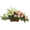 Nearly Natural Hydrangea And Rose Artificial Arrangement In Metal Planter In Light Pink