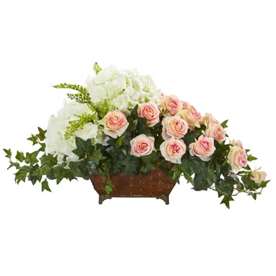 Nearly Natural Hydrangea And Rose Artificial Arrangement In Metal Planter In Light Pink