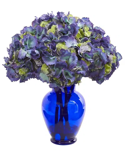 Nearly Natural Hydrangea Artificial Arrangement In Blue Vase