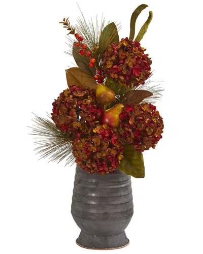 Nearly Natural Hydrangea, Pear & Magnolia Artificial Arrangement In Metal Vase In Orange