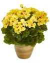 Nearly Natural Indoor/outdoor Uv-resistant Geranium Artificial Plant In Ceramic Planter In Yellow