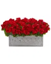 Nearly Natural 18" Geranium Artificial Plant In Stone Planter In Red