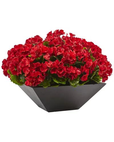 Nearly Natural 15" Geranium Uv-resistant Indoor/outdoor Artificial Plant In Black Planter In Red