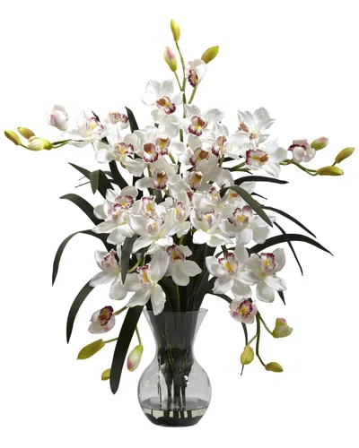 Nearly Natural Large Cymbidium Arrangement With Vase In White