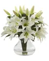 Nearly Natural Lily Silk Arrangement With Glass Vase In White