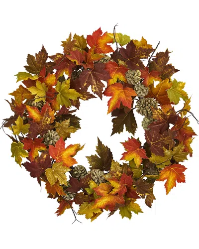 Nearly Natural Maple And Pine Cone Wreath In Multi