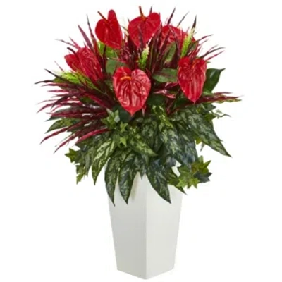 Nearly Natural Mixed Anthurium Artificial Plant In White Tower Vase In Red