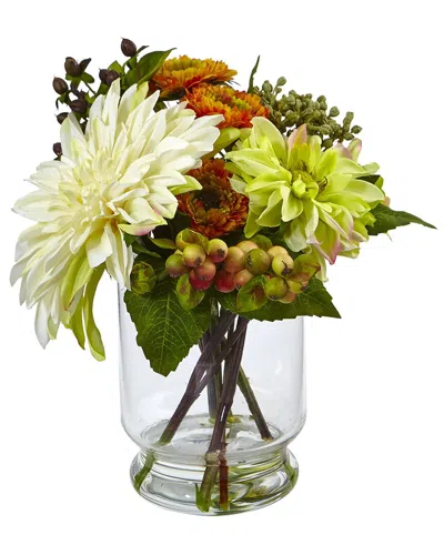 Nearly Natural Mixed Dahlia & Mum With Glass Vase In White