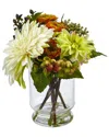 Nearly Natural Mixed Dahlia & Mum With Glass Vase In White