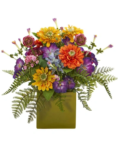 Nearly Natural Mixed Floral Artificial Arrangement In Green Vase