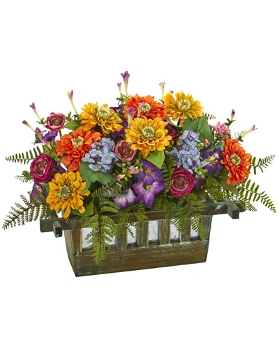 Nearly Natural Mixed Floral Artificial Arrangement In Rectangular Wood Planter In Multi