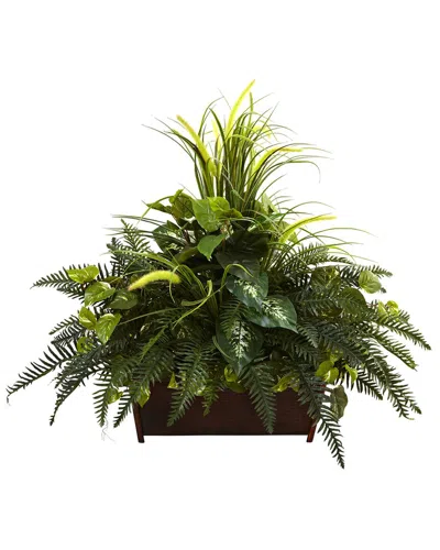 Nearly Natural Mixed Grass & River Fern With Wood Planter In Green