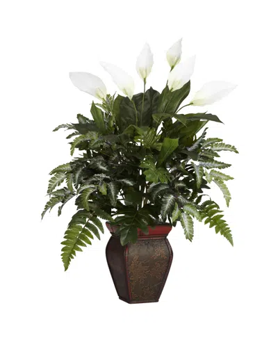 NEARLY NATURAL MIXED GREENS W/ SPATHIPHYLLUM AND DECORATIVE VASE SILK PLANT
