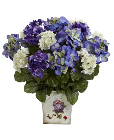 Nearly Natural Mixed Hydrangea With Floral Planter In Blue,purple