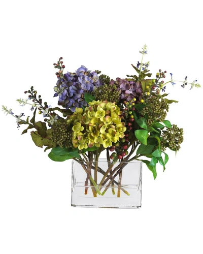 Nearly Natural Mixed Hydrangea With Rectangle Vase Silk Flower Arrangement In Multi
