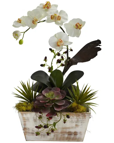 Nearly Natural Orchid & Artificial Succulent Garden With White-washed Planter
