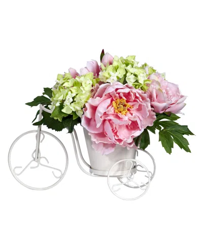 Nearly Natural Peony And Hydrangea Tricycle Silk Flower Arrangement In Pink,green