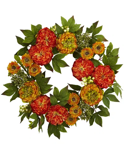 Nearly Natural Peony And Mum Wreath In Orange