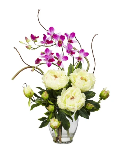 Nearly Natural Peony & Orchid Silk Flower Arrangement In White