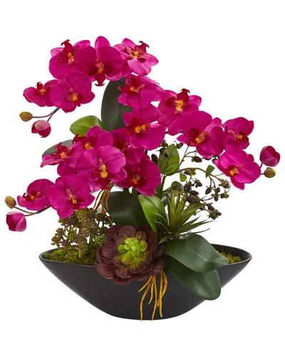 Nearly Natural Phalaenopsis Orchid & Mixed Succulent Garden Artificial Arrangement In Black Vase In Pink